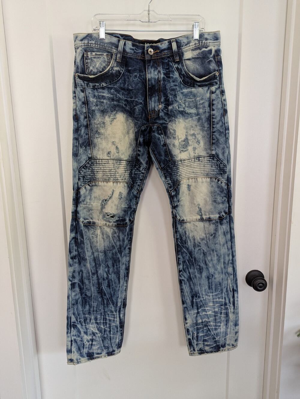 Akoo Men's 36"× 33" Denim Jeans Distressed Bleached Grunge Punk Y2K Hip Hop